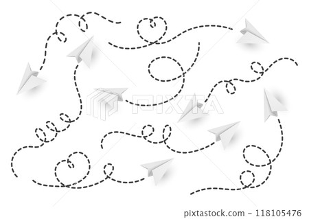Vector Realistic Paper Planes Collection. Paper Plane Icon Set. Heart Shaped Flying Paper Plane with Dotted Air Route. White Paper Planes with Dotted Route Line 118105476