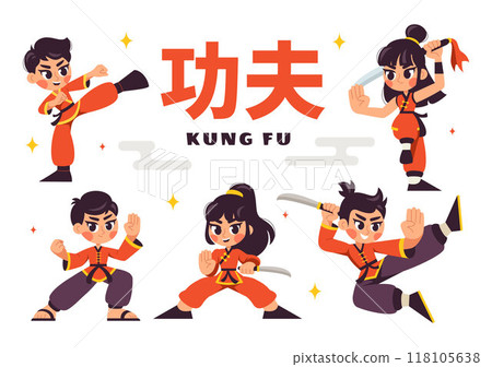 Chinese Translation: Kung Fu with People Demonstrating Chinese Martial Arts in a Flat Style Cartoon Background Vector Illustration Chinese Translation: Kung Fu with People Demonstrating Chinese Martial Arts in a Flat Style Cartoon Background Vector Illustration 118105638
