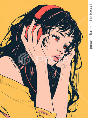 A woman listening to music with headphones A woman listening to music with headphones 118106331