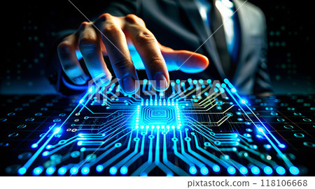 Highlighted background. Close-up of the hand pointing to the center of the chip 118106668
