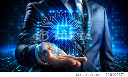 A man holding a microchip in his open palm 118106671