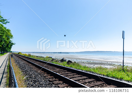 Railway along the coastline at White Rock, Surrey, BC, Canada 118106731