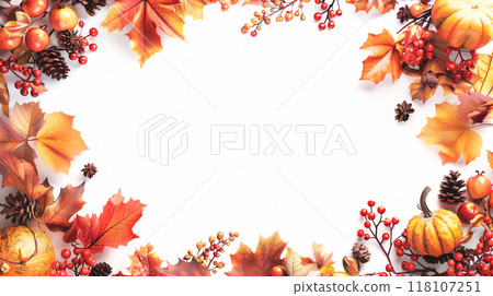 Thanksgiving seasonal template design with pumpkins and Fall decorations in orange color tone on white plain background with copy space for text. AI generated. 118107251