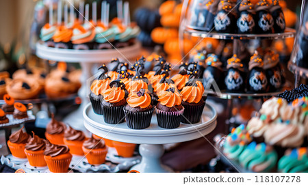 Close up a Halloween cupcakes on display. Template background for the seasonal celebration. AI generated. 118107278