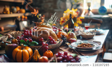 Close up of a Thanksgiving turkey on a wooden table with Fall decorations. Template background for the Thanksgiving seasonal celebration. AI generated. 118107285