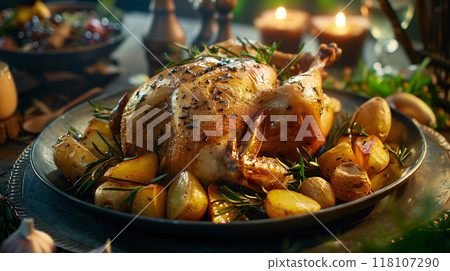Close up of a Thanksgiving turkey on a table with candles decorations in the evening. Template background for the Thanksgiving seasonal celebration. AI generated. 118107290