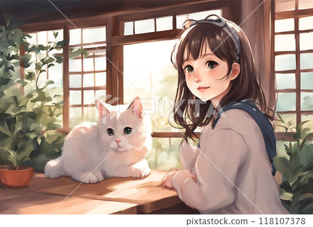 一個可愛的女孩和貓玩耍的插圖 118107378