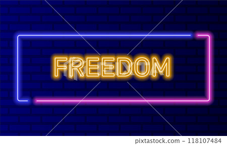 Neon sign freedom in speech bubble frame on brick wall background vector. Light banner on the wall background. Freedom button encouragement and inspiration, design template, night neon signboard Neon sign freedom in speech bubble frame on brick wall background vector. Light banner on the wall background. Freedom button encouragement and inspiration, design template, night neon signboard 118107484