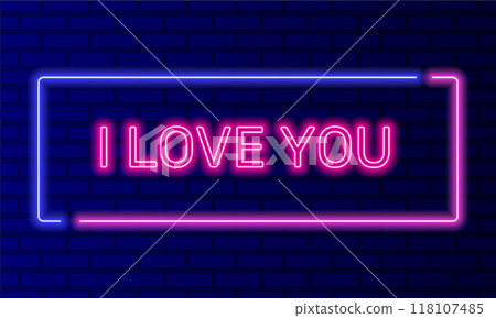 Neon sign i love you in speech bubble frame on brick wall background vector. Light banner on the wall background. I love you button care and compliments, design template, night neon signboard Neon sign i love you in speech bubble frame on brick wall background vector. Light banner on the wall background. I love you button care and compliments, design template, night neon signboard 118107485