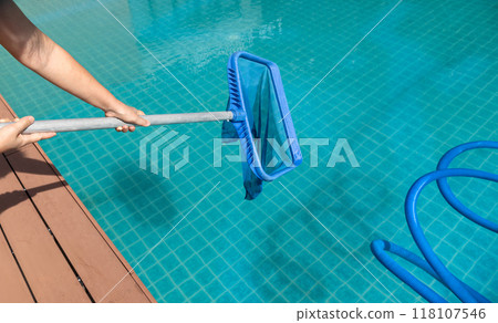 Pool maintenance with scoop net and automatic robot cleaner. Pool maintenance with scoop net and automatic robot cleaner. 118107546