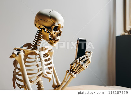 Skeleton holding a smartphone indoors 118107559