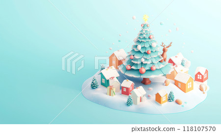 Christmas tree and house village snow winter season holiday 3D isometric illustration, gift, ginger bread in December on pastel color background Christmas tree and house village snow winter season holiday 3D isometric illustration, gift, ginger bread in December on pastel color background 118107570