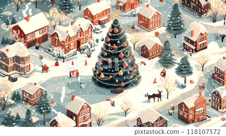 Christmas tree and house village snow winter season holiday 3D isometric illustration, gift, ginger bread in December on white background Christmas tree and house village snow winter season holiday 3D isometric illustration, gift, ginger bread in December on white background 118107572