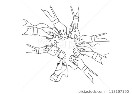 Continuous one line drawing of male and female business team members unite puzzle pieces together to one as team building symbol. Employee teamwork. Single line draw design vector graphic illustration 118107590