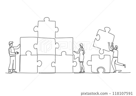 Continuous one line drawing group of young business people arrange puzzle pieces to build strong building. Collaboration business teamwork concept. Single line draw design vector graphic illustration 118107591