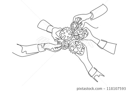 Continuous one line drawing hand gesture male and female business team member unite piece of gears to one as team building symbol. Teamwork concept. Single line draw design vector graphic illustration Continuous one line drawing hand gesture male and female business team member unite piece of gears to one as team building symbol. Teamwork concept. Single line draw design vector graphic illustration 118107593