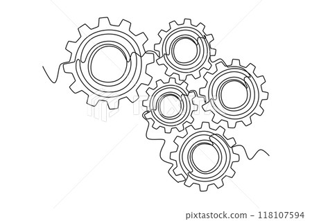Continuous one line drawing of metal wheel round gear for machinery office logo. Mechanical company metaphor for teamwork and partnership concept. Single line draw design vector graphic illustration 118107594