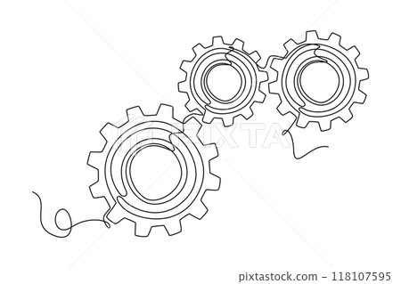 Continuous one line drawing mechanical engine gear logo. Round wheel metal symbol for business teamwork, connection, collaboration, success concept. Single line draw design vector graphic illustration Continuous one line drawing mechanical engine gear logo. Round wheel metal symbol for business teamwork, connection, collaboration, success concept. Single line draw design vector graphic illustration 118107595