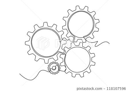 Continuous one line drawing of round metal wheel gear cog for mechanic company logo identity. Teamwork and collaboration process at office concept. Single line draw design vector graphic illustration Continuous one line drawing of round metal wheel gear cog for mechanic company logo identity. Teamwork and collaboration process at office concept. Single line draw design vector graphic illustration 118107596