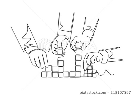 Single continuous line drawing business team member arrange wooden cube block become strong tower, together to improve team building. Teamwork concept. One line draw graphic design vector illustration 118107597