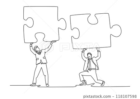Single continuous line drawing of businessman partner connect jigsaw puzzle. Partnership working together for success. Teamwork or unity to cooperate. One line draw graphic design vector illustration 118107598