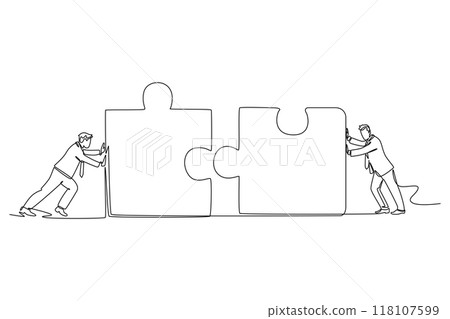 Single continuous line drawing of two young businessmen push puzzle pieces to unite it. Start business collaboration symbol. Teamwork concept. Dynamic one line draw graphic design vector illustration Single continuous line drawing of two young businessmen push puzzle pieces to unite it. Start business collaboration symbol. Teamwork concept. Dynamic one line draw graphic design vector illustration 118107599