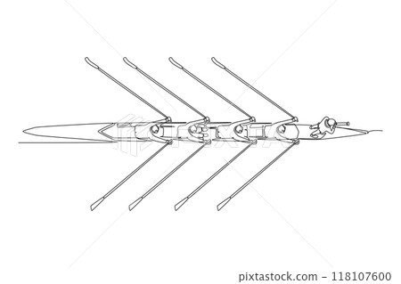 Single continuous line drawing top view businessman leader with binoculars lead business team with rowing boat. Teamwork or support to achieve target. One line draw graphic design vector illustration Single continuous line drawing top view businessman leader with binoculars lead business team with rowing boat. Teamwork or support to achieve target. One line draw graphic design vector illustration 118107600