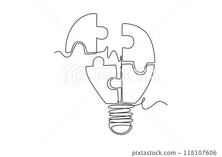 Single one line drawing light bulb with pieces of puzzles forming connecting identity. Teamwork and collaboration smart company concept. Modern continuous line draw design graphic vector illustration 118107606