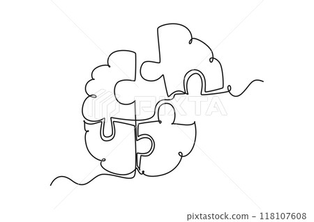 Single one line drawing of human brain forming from piece of puzzles logo identity. Head anatomy and smart psychological people concept. Modern continuous line draw design graphic vector illustration 118107608
