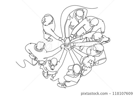 Single one line drawing top view of group young happy business people unite their hands together to form circle shape symbol. Teamwork concept. Continuous line draw design graphic vector illustration 118107609