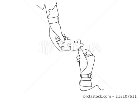 Single one line drawing human hands connect two parts of puzzle together. Business solutions and ideas. Teamwork and partnership concept. Modern continuous line draw design graphic vector illustration Single one line drawing human hands connect two parts of puzzle together. Business solutions and ideas. Teamwork and partnership concept. Modern continuous line draw design graphic vector illustration 118107611