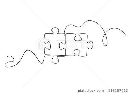 Single one line drawing puzzle pieces for connection company logo identity. Puzzle jigsaw metaphor for teamwork collaboration business concept. Continuous line draw design graphic vector illustration Single one line drawing puzzle pieces for connection company logo identity. Puzzle jigsaw metaphor for teamwork collaboration business concept. Continuous line draw design graphic vector illustration 118107612