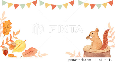 Autumn leaves and squirrels watercolor background illustration 118108219