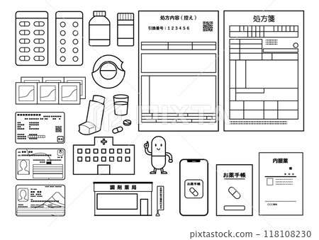 Prescription, medicine, insurance card, prescription set, black and white Prescription, medicine, insurance card, prescription set, black and white 118108230