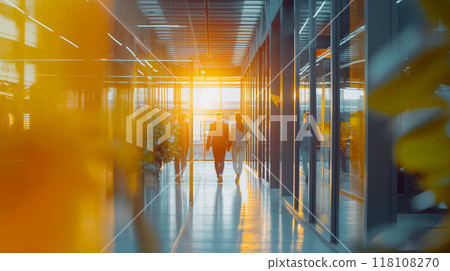 A couple walks together in a modern office corridor during sunset, surrounded by glass walls and plants, creating a warm atmosphere 118108270