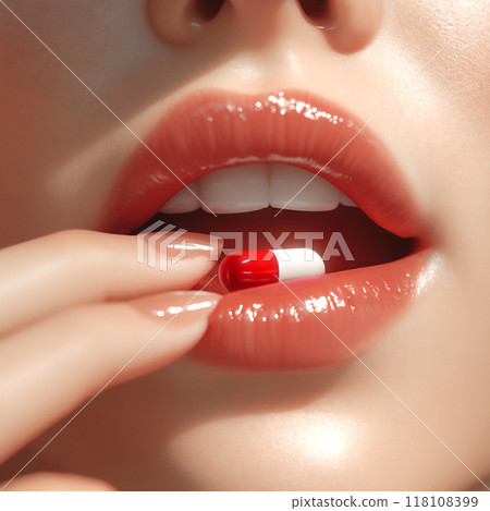 服用補充劑或藥物的婦女的嘴 服用補充劑或藥物的婦女的嘴 118108399