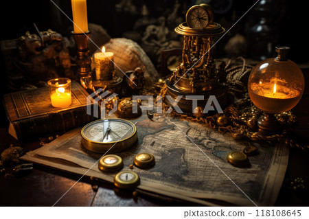舊地圖和古董指南針照亮的燭光 118108645