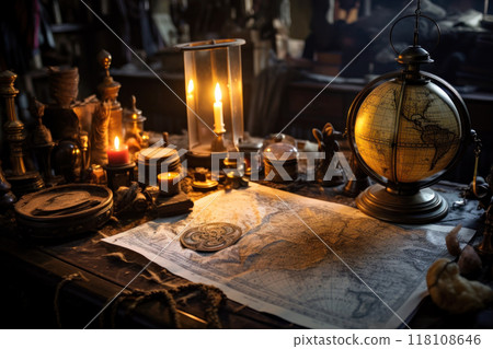 舊地圖和古董指南針照亮的燭光 118108646