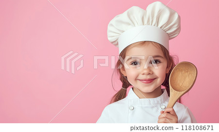Portrait of a Happy cute little chef smiling girl holding a ladel in the studio with pastel pink bokeh background 118108671