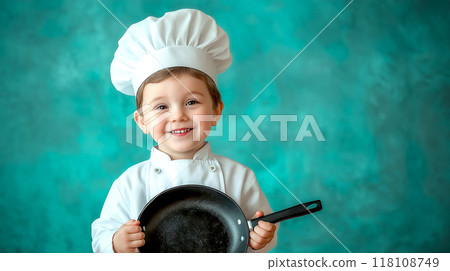 Portrait of a Happy cute little chef smiling boy holding a pan in the studio with pastel blue textured background Portrait of a Happy cute little chef smiling boy holding a pan in the studio with pastel blue textured background 118108749
