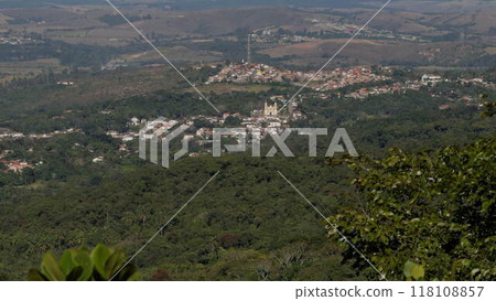 Slow motion aerial view of historic Tiradentes city in Brazil s mountains 118108857