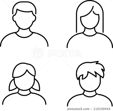 Vector monochrome adult and child avatar line drawing icon set 118109444