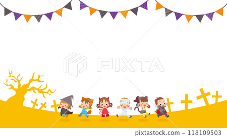 可愛的孩子享受萬聖節服裝框架複製空間的插圖 118109503
