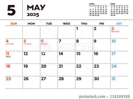 2025 年月曆(5 月)包含假期和活動的桌曆 2025 年月曆(5 月)包含假期和活動的桌曆 118109588