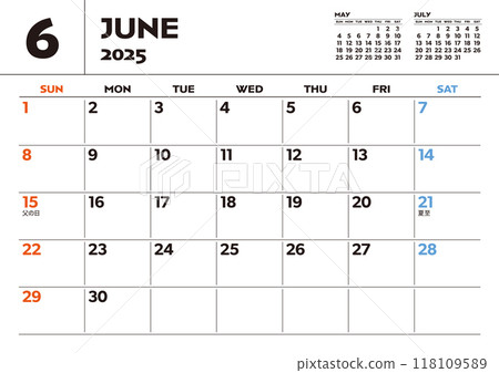 2025 年月曆（六月） 包含假期和活動的桌曆 118109589