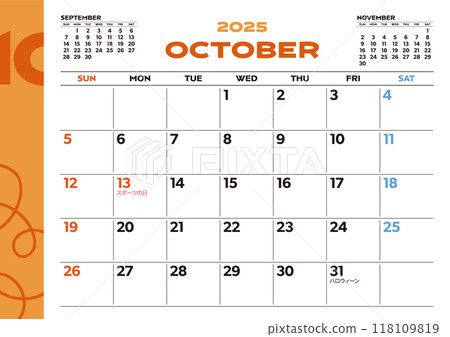 2025 月曆（十月） 台歷，包含假期和活動 118109819