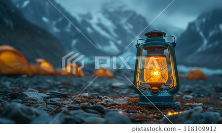 Lanterns illuminating a campsite on a snowy mountain Lanterns illuminating a campsite on a snowy mountain 118109912