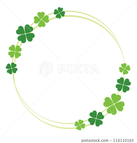Four-leaf clover circle frame. Round frame ornament, copy space, title design material isolated on white background. Four-leaf clover circle frame. Round frame ornament, copy space, title design material isolated on white background. 118110183