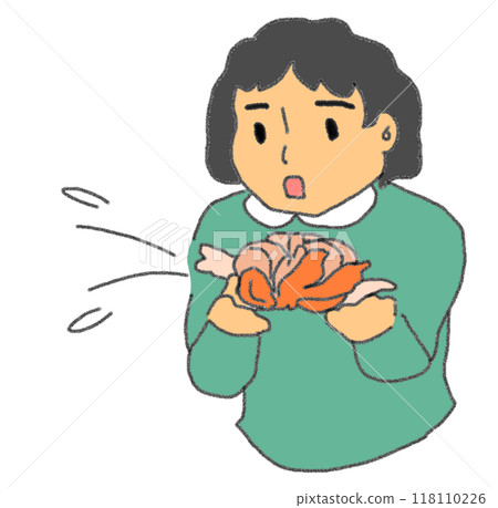 Color illustration of a person holding a mandarin orange in pencil style Color illustration of a person holding a mandarin orange in pencil style 118110226