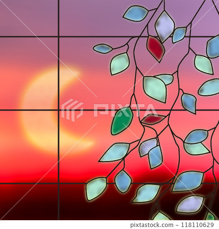 Stained glass with the light of the moon and twilight shining down on it Stained glass with the light of the moon and twilight shining down on it 118110629